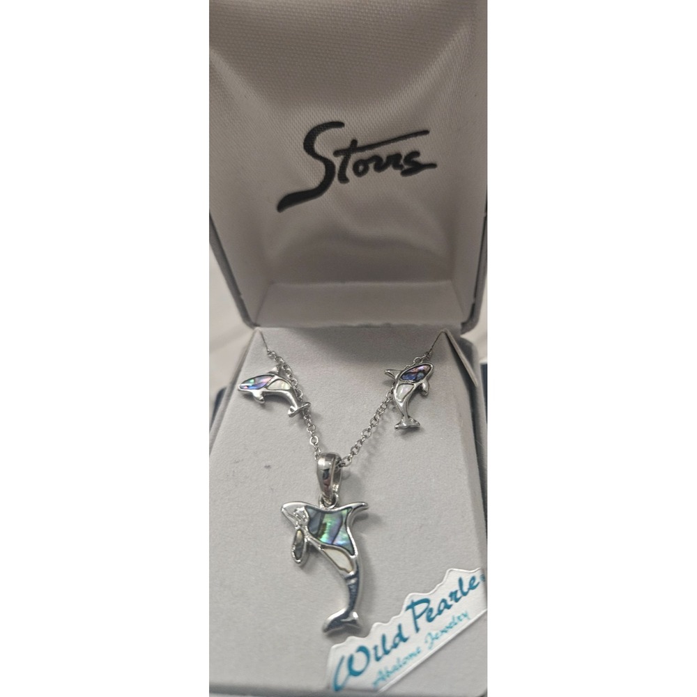 New Genuine Alaska Wild Pearle Abalone Shell Orca Whale Necklace and Earrings